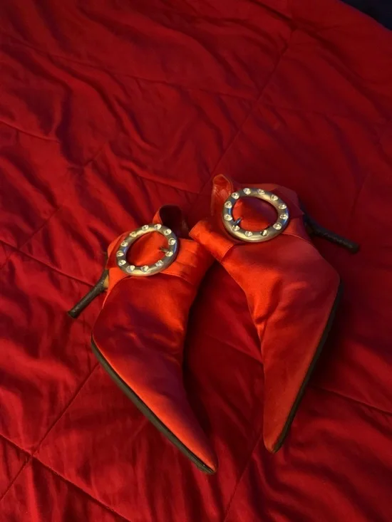 Red Satin Pointed Toe Heeled Mules with Decorative Buckle - Picture 6 of 6